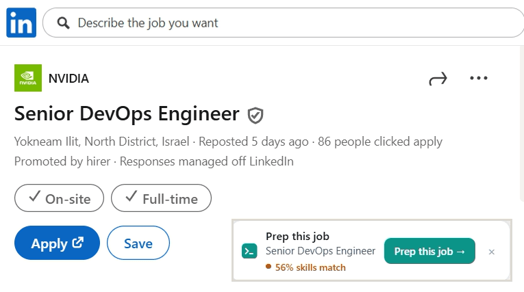 A LinkedIn job posting with the prepme pill: Prep this job, 56% skills match